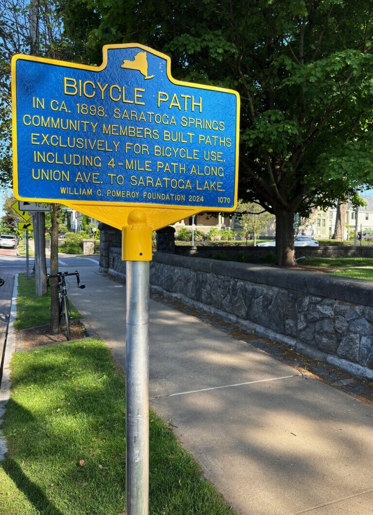 NYS historical marker for Bicycle Path, Saratoga Spring, New York.