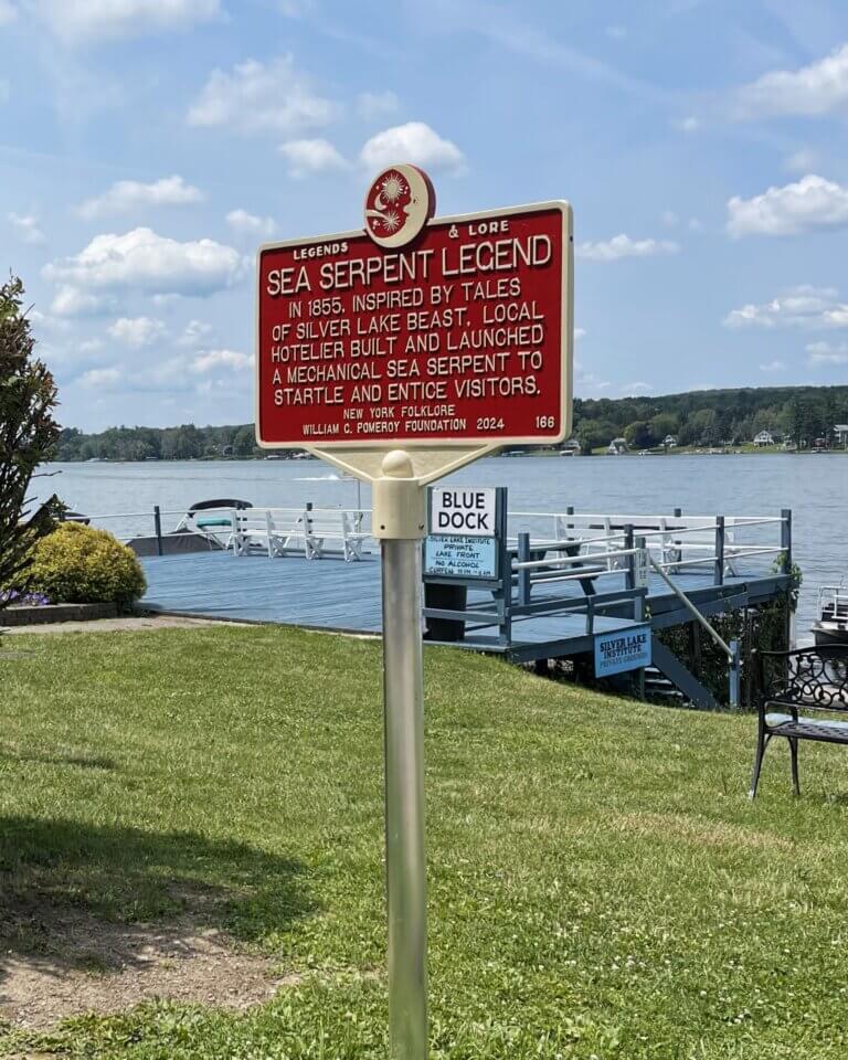 Legends & Lore marker for Sea Serpent Legend, Silver Lake, NY. Funded by the William G. Pomeroy Foundation.