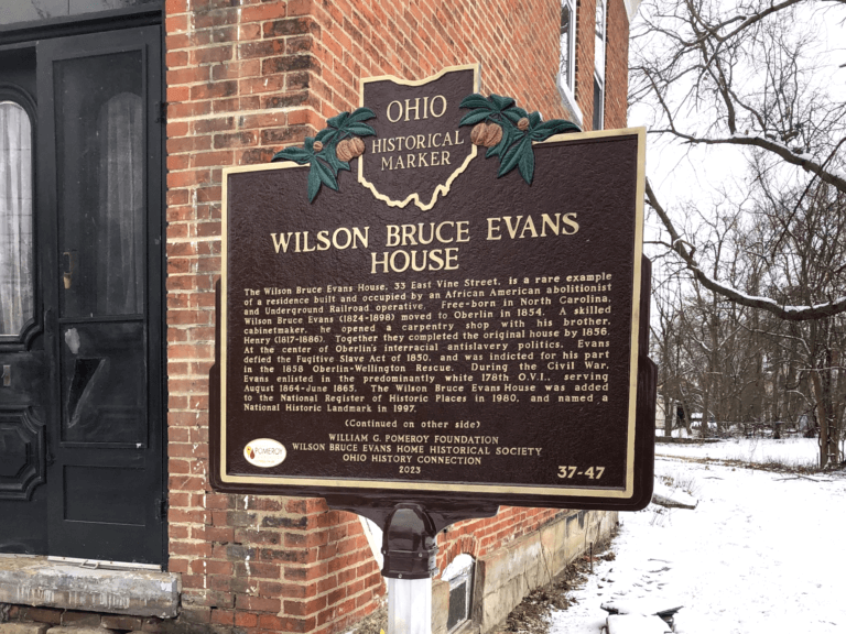 Wilson Bruce Evans House, Ohio historical marker, Oberlin, Ohio.