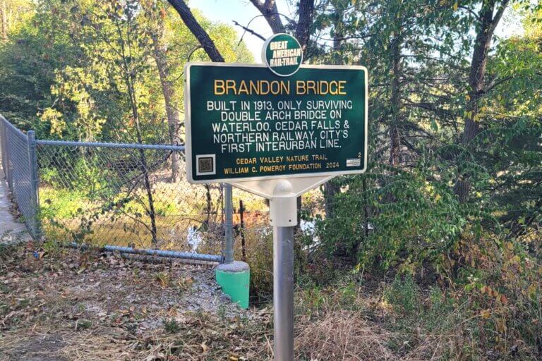 Great American Rail-Trail historical marker for Brandon Bridge, Brandon, Iowa. Marker funded by the William G. Pomeroy Foundation.