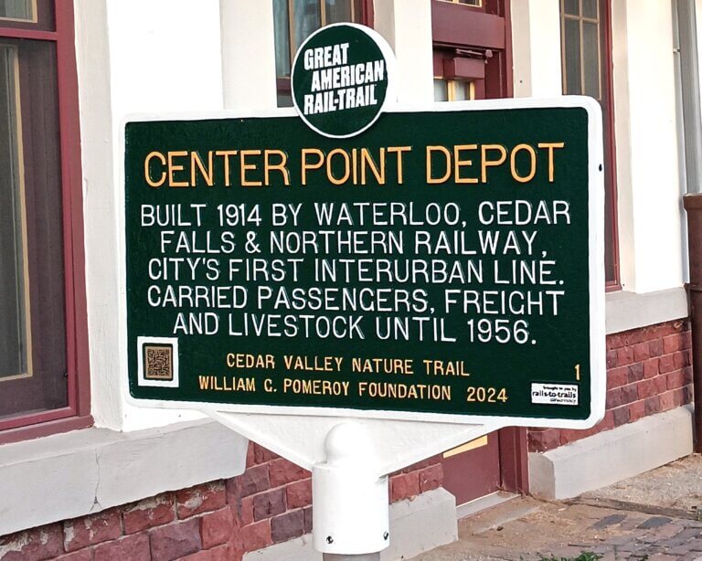 Great American Rail-Trail historical marker for Center Point Depot. Marker funded by the William G. Pomeroy Foundation.