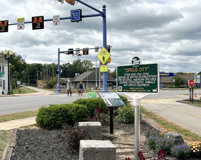 Great American Rail-Trail historical marker for Circus City, Peru, Indiana. Marker funded by the William G. Pomeroy Foundation.