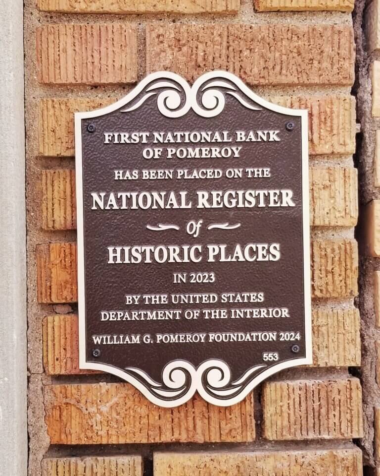 National Register plaque for the First National Bank of Pomeroy.