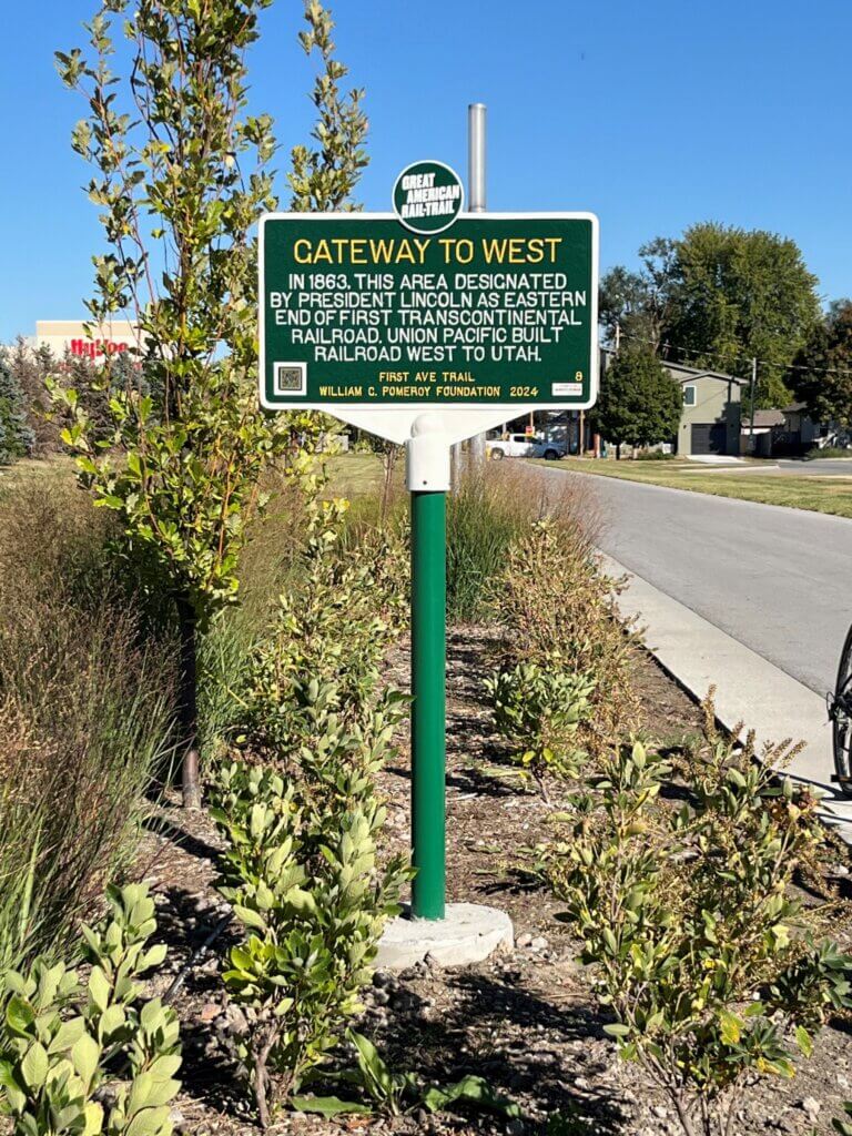 Great American Rail-Trail historical marker for Gateway to West, Council Bluffs, Iowa. Marker funded by the William G. Pomeroy Foundation.