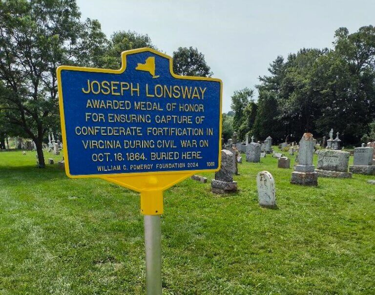 NYS marker for Medal of Honor recipient Joseph Lonsway, Clayton, NY. Marker funded by the William G. Pomeroy Foundation.