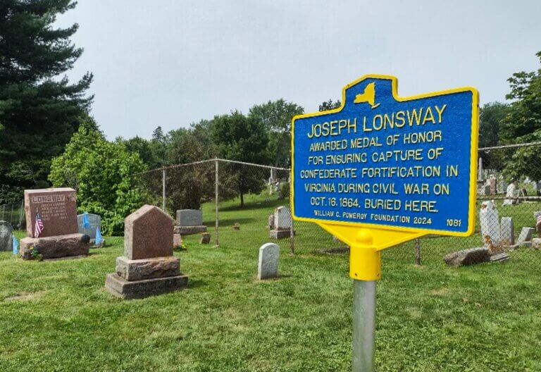 NYS marker for Medal of Honor recipient Joseph Lonsway, Clayton, NY. Marker funded by the William G. Pomeroy Foundation.