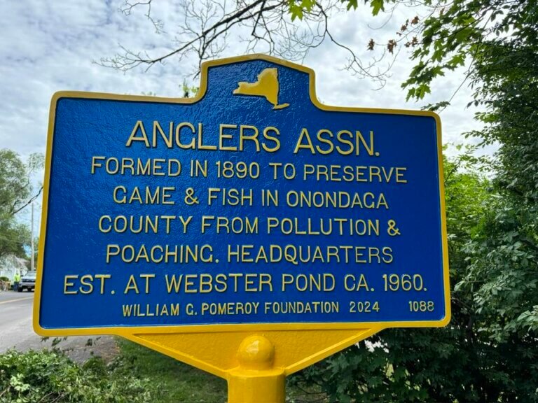 Anglers Association NYS historical marker, Webster Pond, Syracuse.