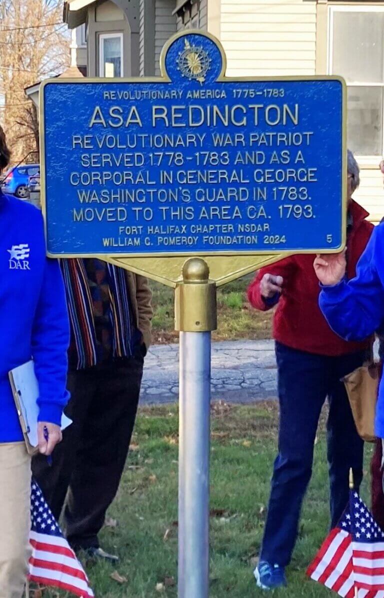 DAR Revolutionary America historical marker for Asa Redington, Waterville, ME.