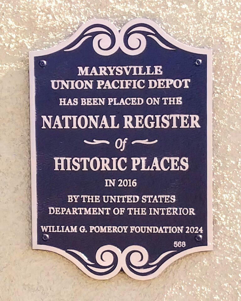 Marysville Union Pacific Depot National Register plaque, Marysville, KS.