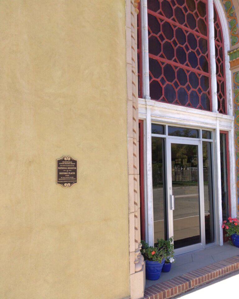 Marysville Union Pacific Depot National Register plaque, Marysville, KS.