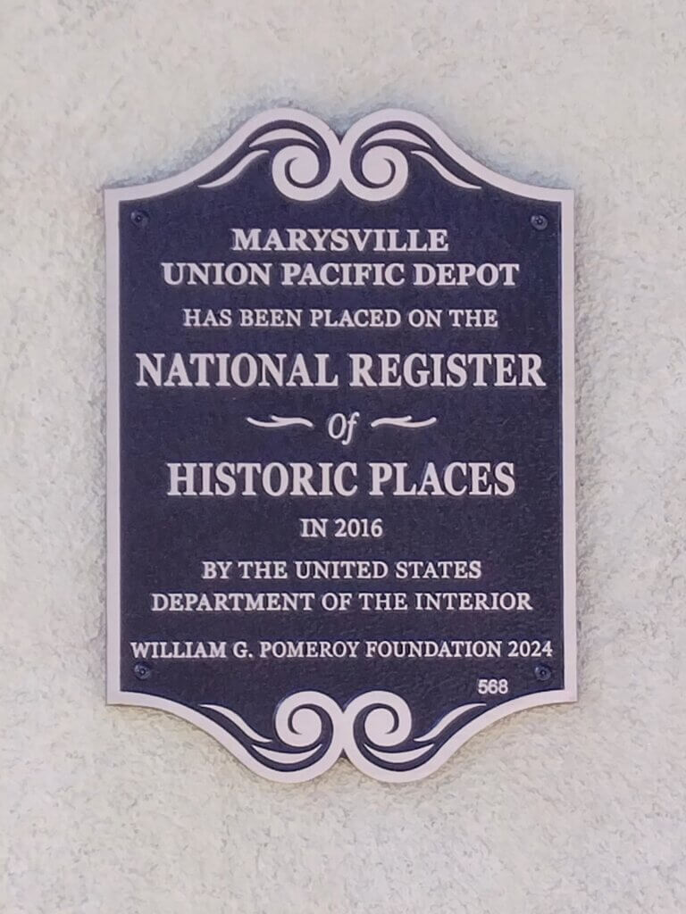 Marysville Union Pacific Depot National Register plaque, Marysville, KS.