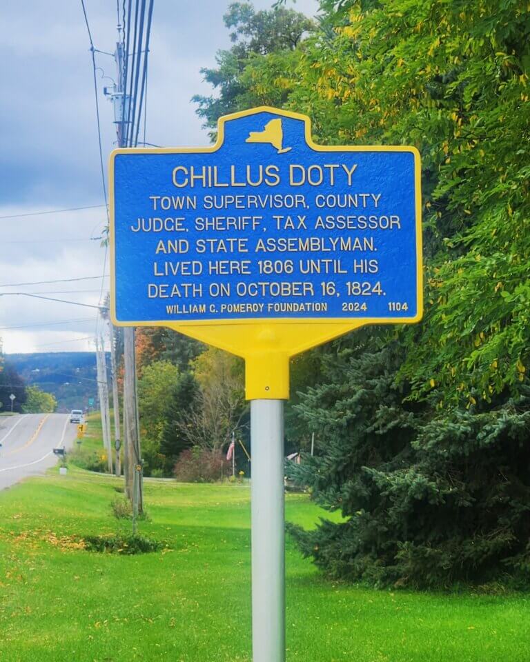 Pomeroy NYS historical marker for Chillus Doty, Lowville, NY.