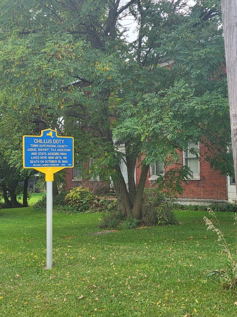 Pomeroy NYS historical marker for Chillus Doty, Lowville, NY.