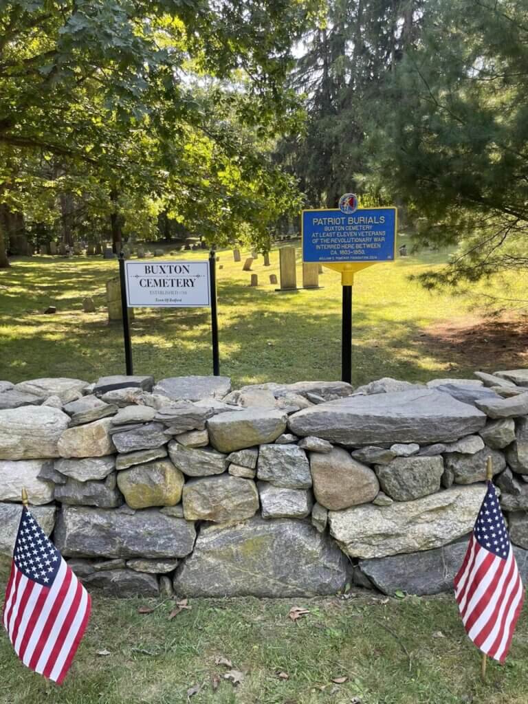 Patriot Burials historical marker at Buxton Cemetery.