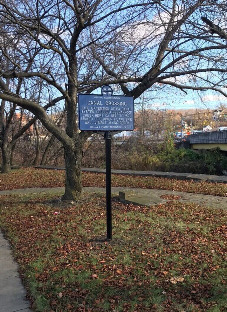 Historic Transportation marker for canal crossing, New Castle, Pennsylvania.