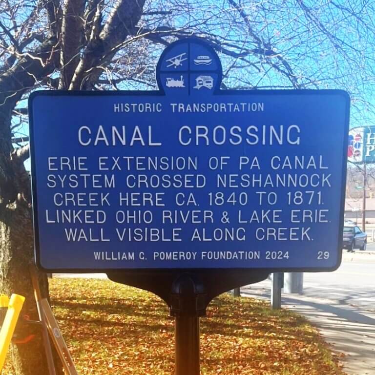 Historic Transportation marker for canal crossing, New Castle, Pennsylvania.