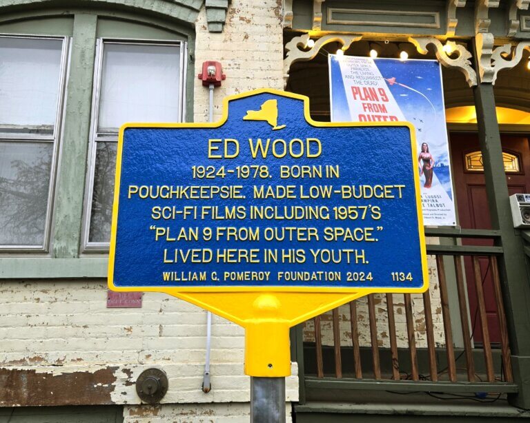 NYS historical marker for filmmaker Ed Wood, Poughkeepsie, New York.