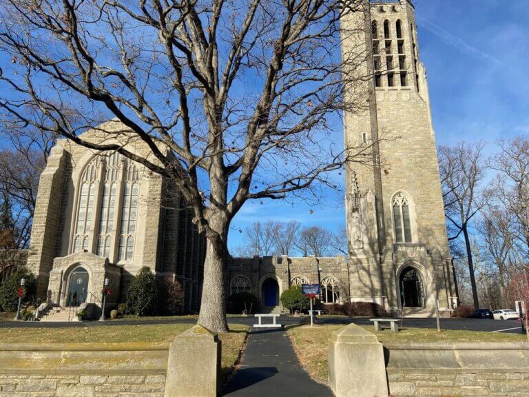 Washington Memorial Chapel at Valley Forge with Lafayette Trail historical marker in the foreground. Marker funded by the William G. Pomeroy Foundation.