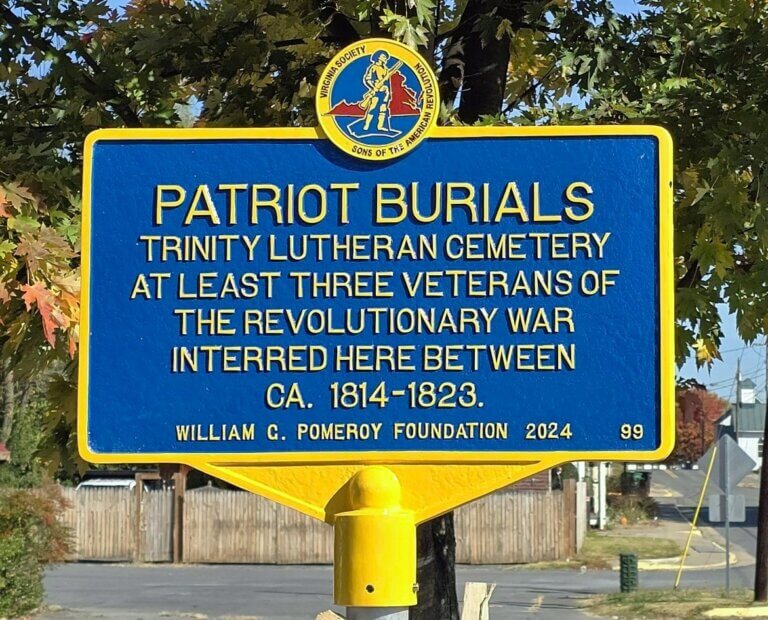 Patriot Burials historical marker at Trinity Lutheran Cemetery, Stephens City, Virginia.